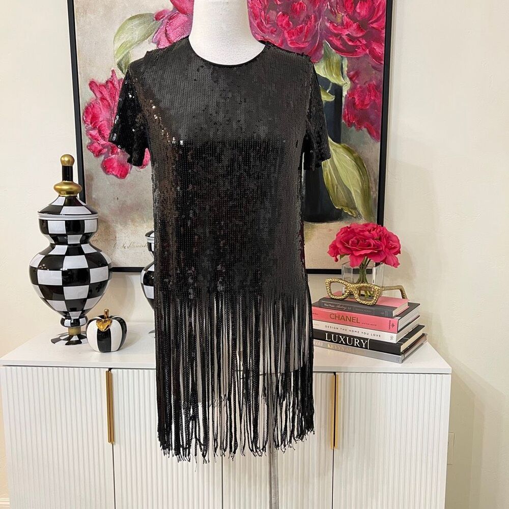 Lulus Women's Sequins Long Fringed Tassel Hem Short Sleeve Dress Black Small